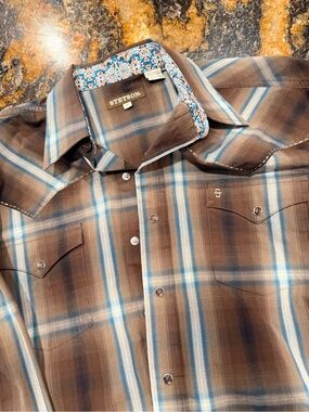 Stetson Brown Plaid Button-Down Shirt with Blue Stripes